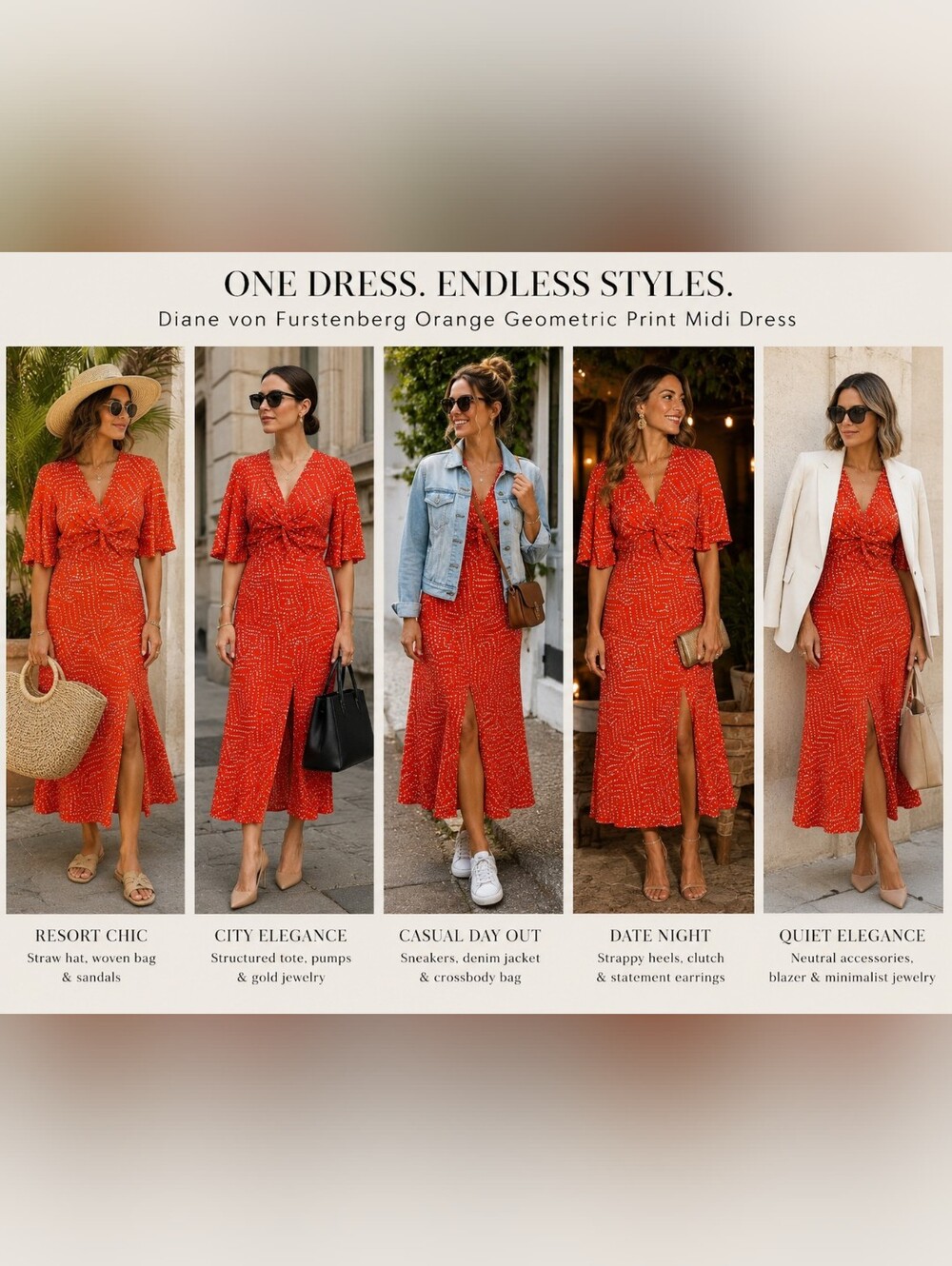 ✨ Diane von Furstenberg Orange Red Geometric Print Twist Front Midi Dress Size 6